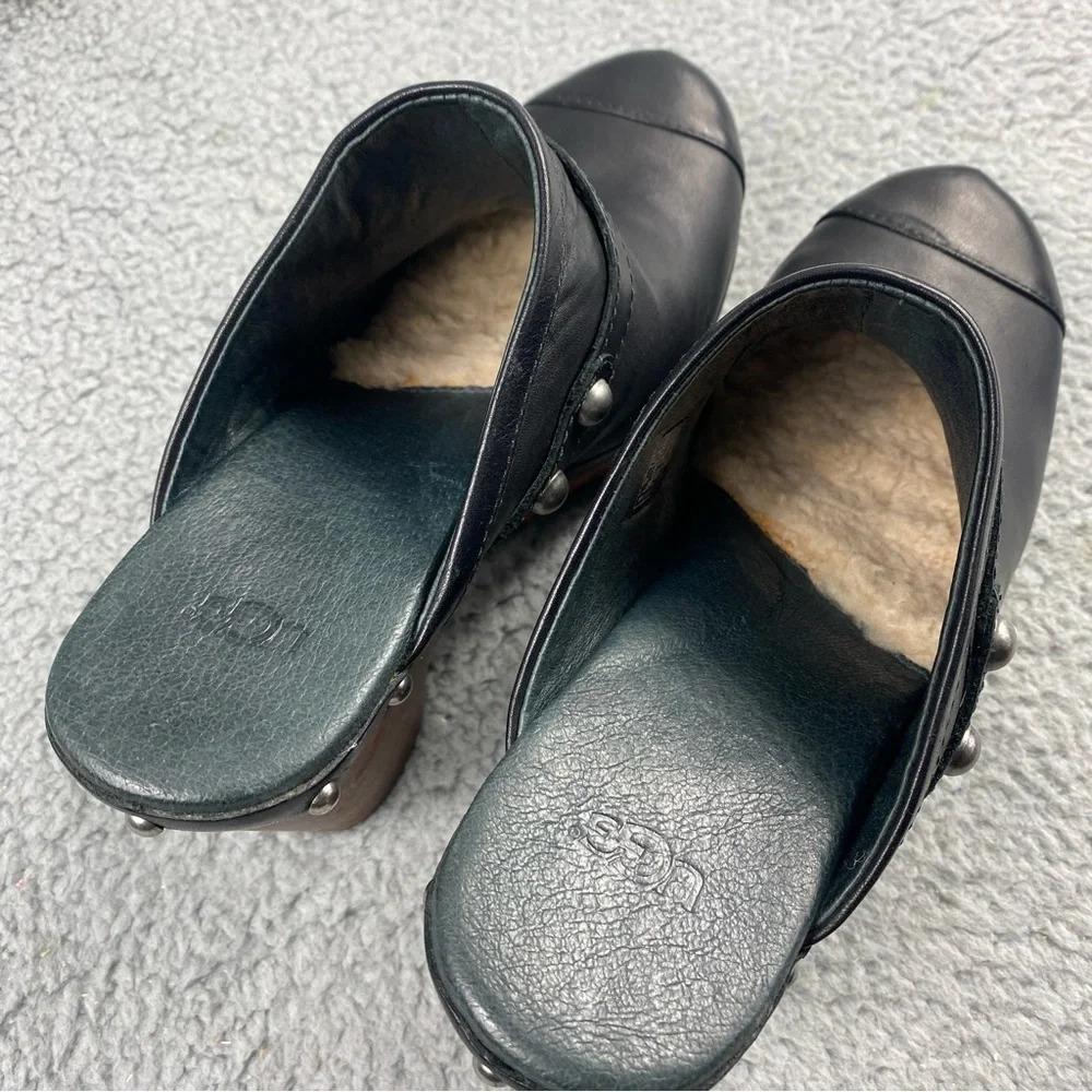 UGG Australia Jolene Heeled Clogs Black Leather Wood Shear Silver Studs Womens 7 - Picture 12 of 16
